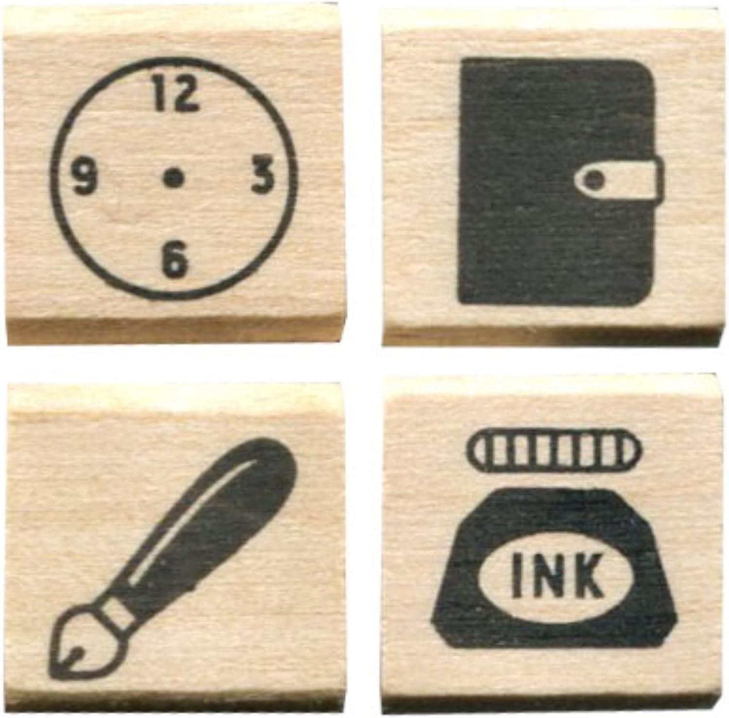 Kodomo no Kao 0409-005 Clock, Notebook, Fountain Pen, Ink 4'lü Ahşap Damga Seti