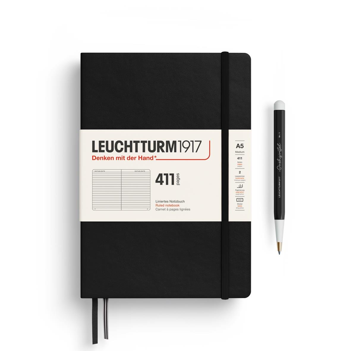 Leuchtturm1917 Not Defteri Orta Boy (A5), Sert Kapak, 411 Numaralandırılmış Sayfa, Çizgili, Black 372932