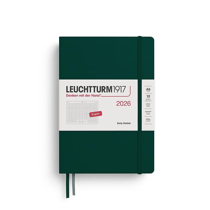 Leuchtturm1917 Orta Boy (A5) 12 Aylık Günlük Ajanda (Noktalı) 2026 Sert Kapak, İngilizce, Orman Yeşili 372783