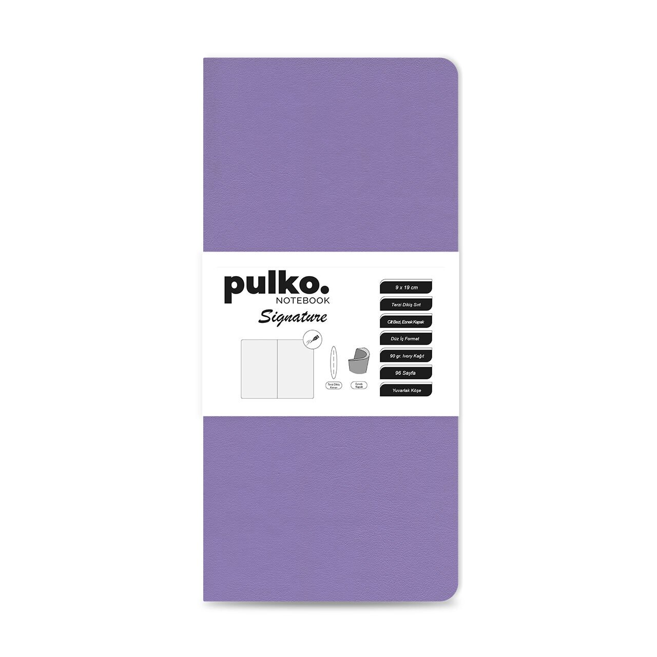 PULKO Notebook Signature Not Defteri, (9x19cm), Terzi Dikiş, 96 Sayfa, 90gr. Ivory, Düz, 0750, Lilac