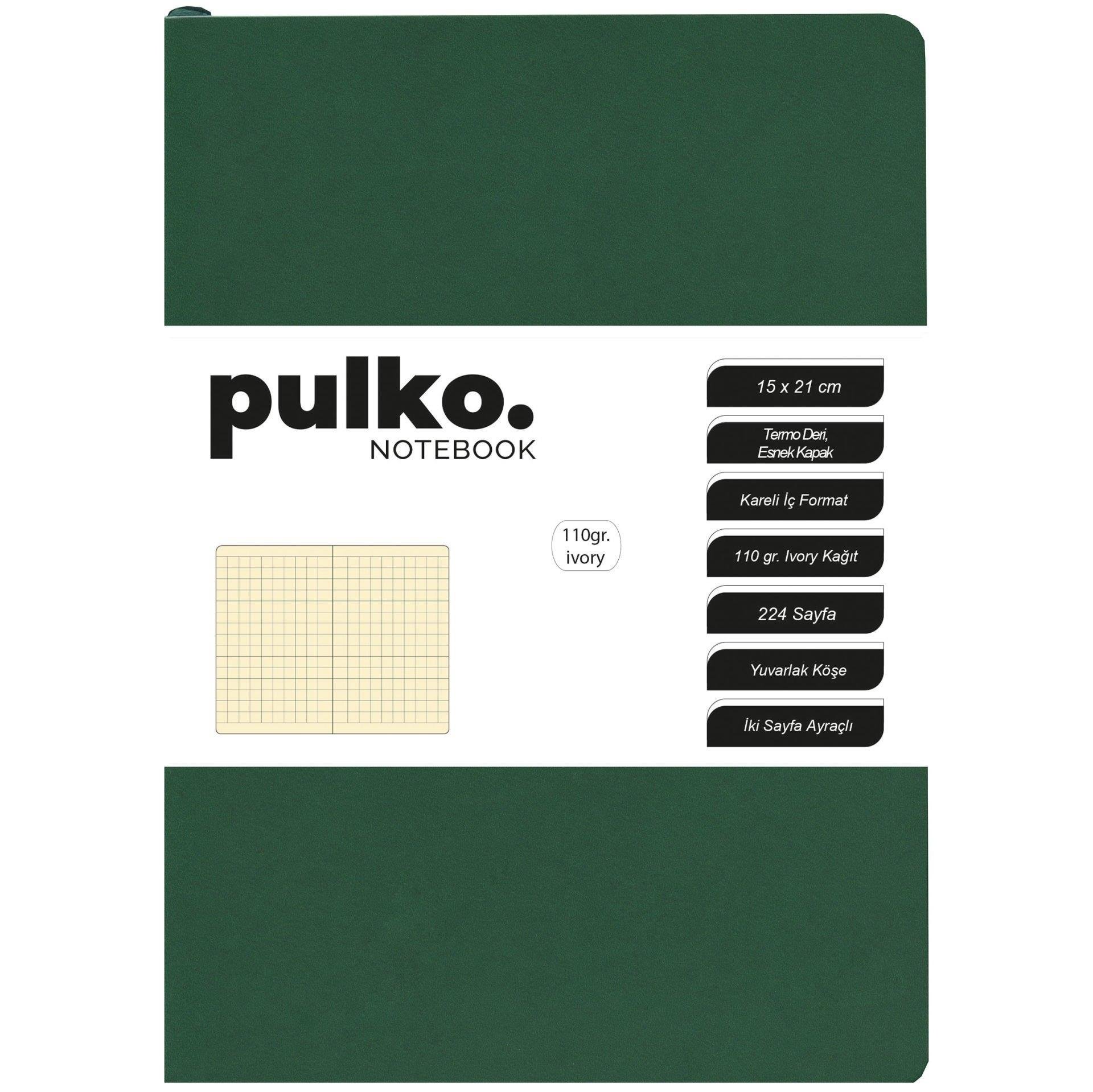 Pulko Defter 110gr Ivory Kağıt, A5, Termo Deri, 224 Sayfa, Kareli, 047, Orman Yeşili