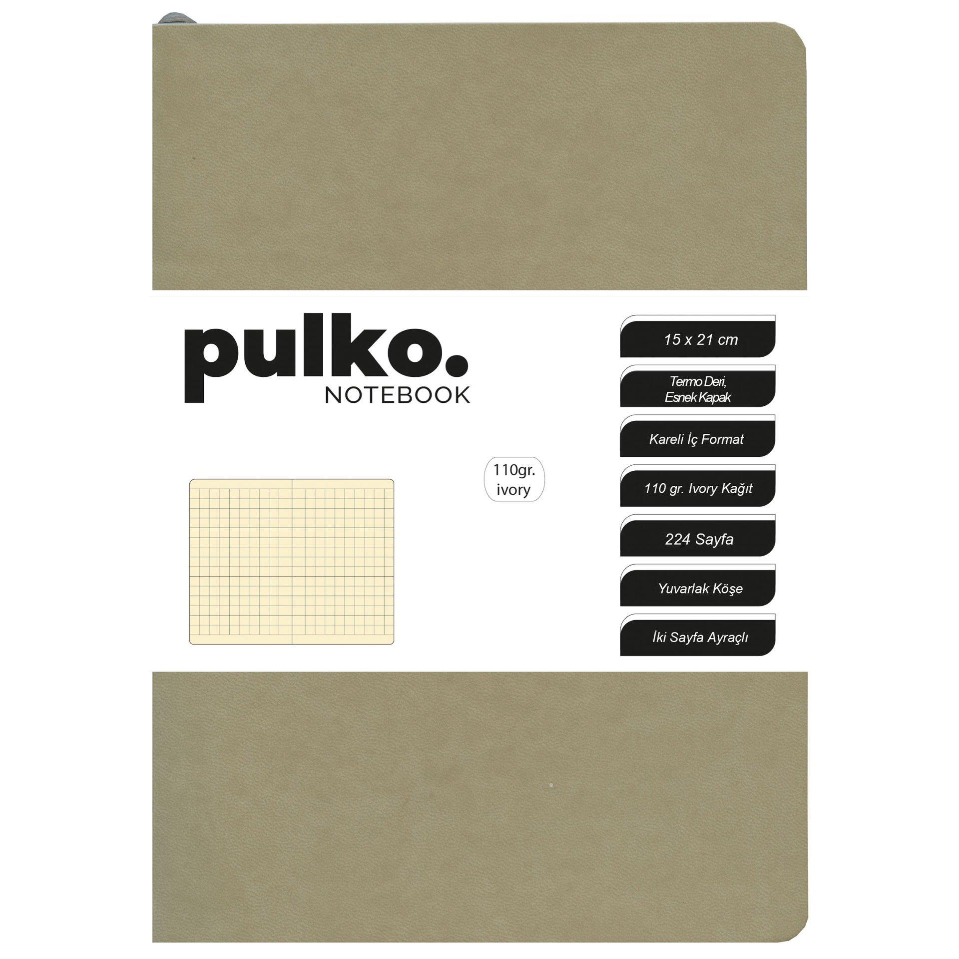 Pulko Defter 110gr Ivory Kağıt, A5, Termo Deri, 224 Sayfa, Kareli, 047, Boz Gri