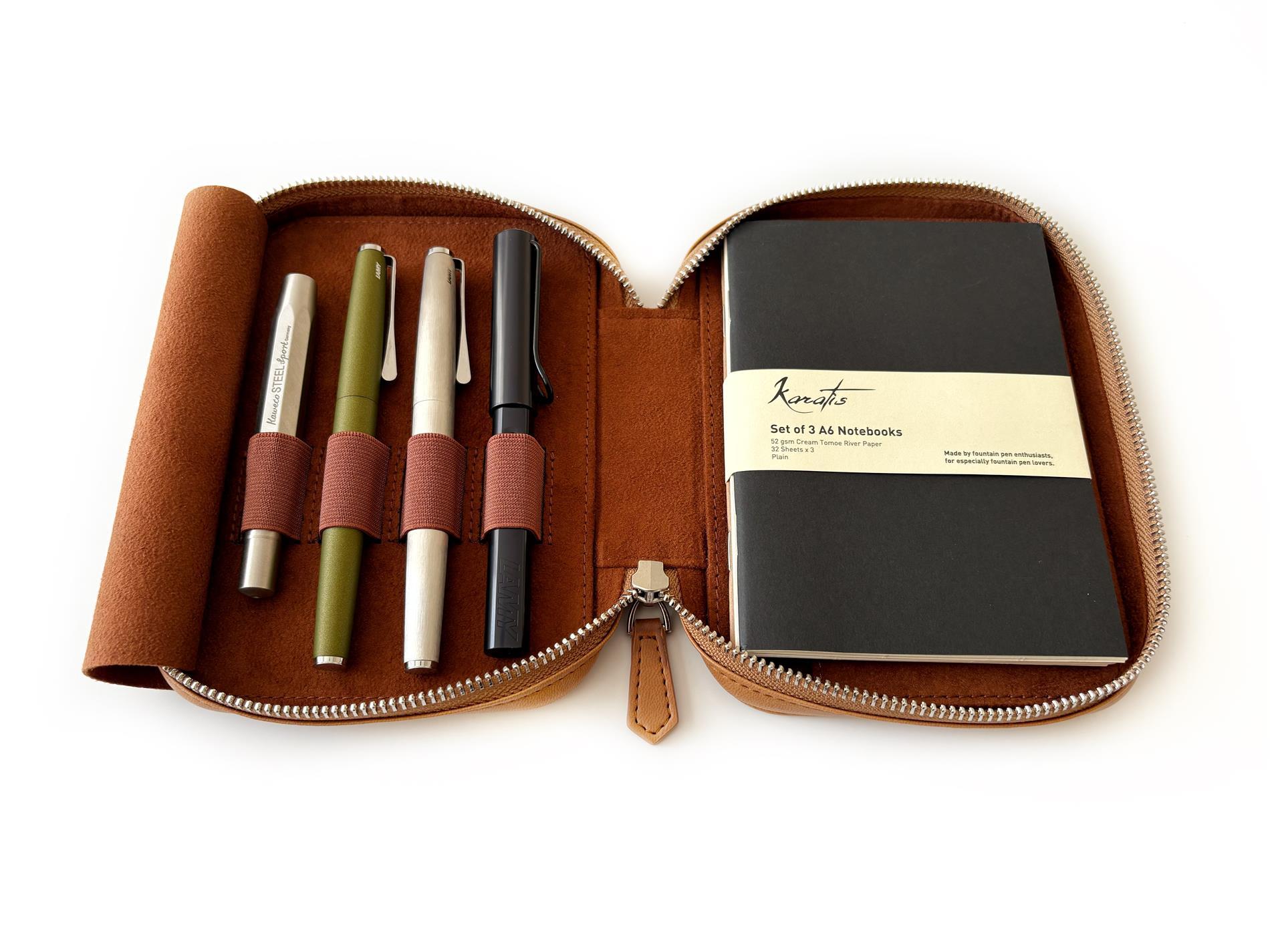 Eng Leather Vegan Apple Skin Sahra - Dark 4 lü Kalem Kılıfı ve A6 Ebatlı Notluk 