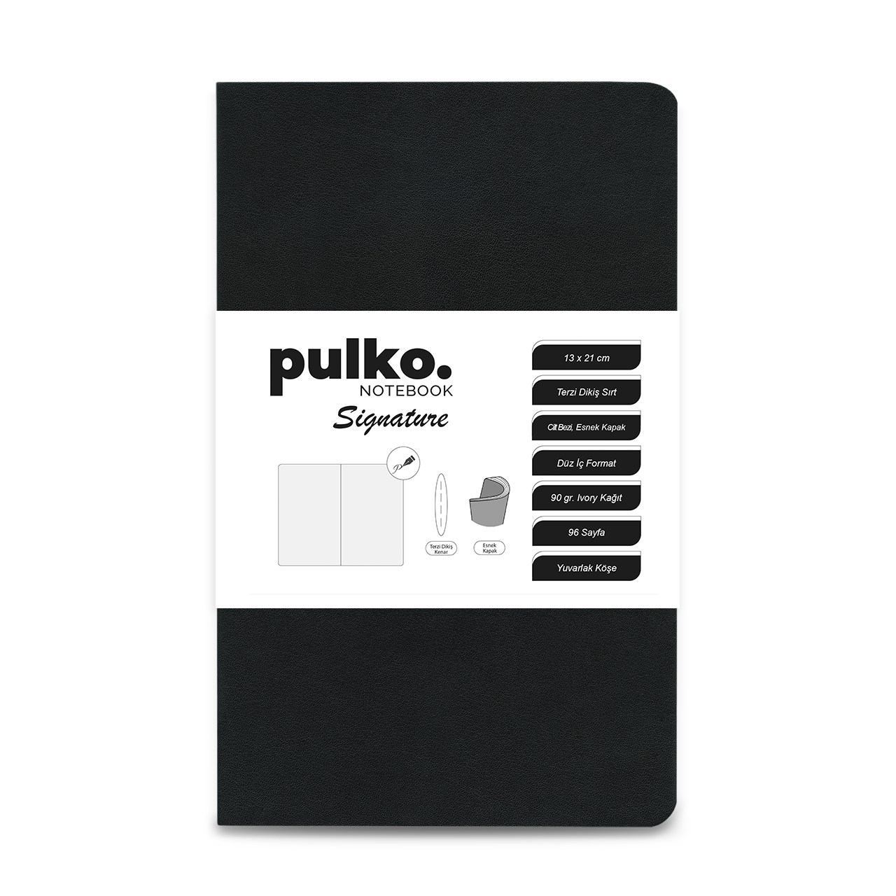 PULKO Notebook Signature Not Defteri, (13x21cm), Terzi Dikiş, 96 Sayfa, 90gr. Ivory, Düz, 0750, Black