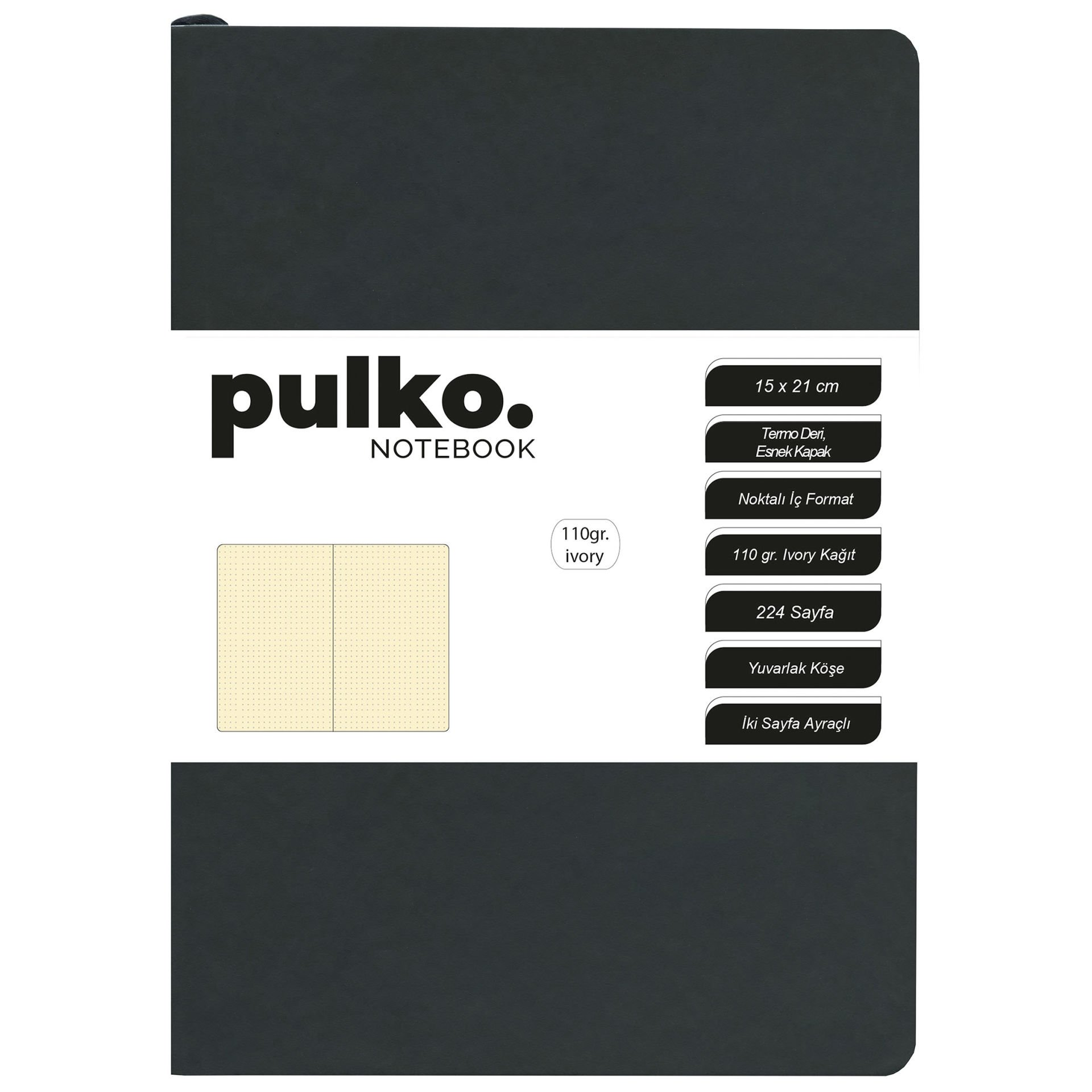 Pulko Defter 110gr Ivory Kağıt, A5, Termo Deri, 224 Sayfa, Noktalı, Siyah