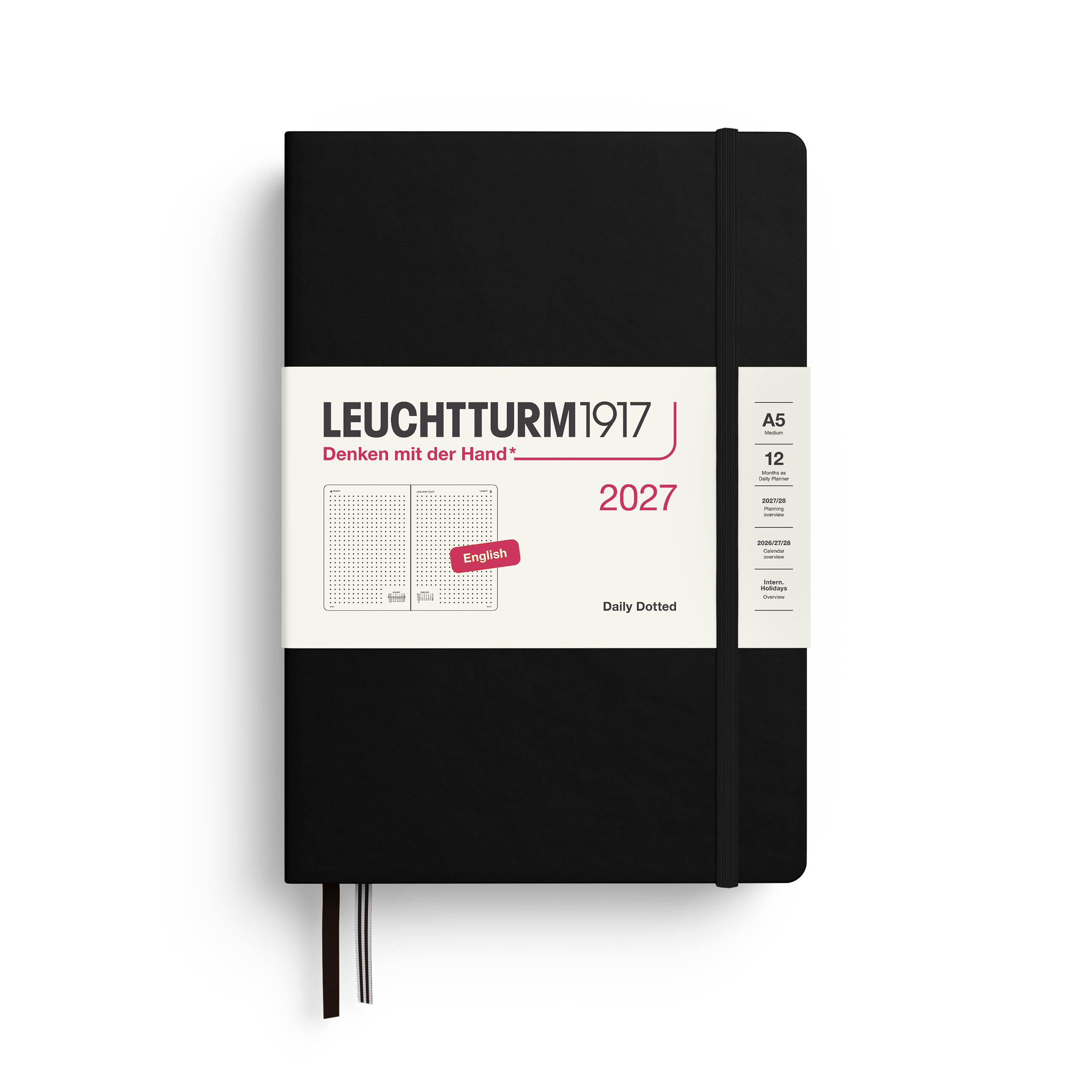 Leuchtturm1917 Planner 2027 - 12M Günlük Planner Noktalı Medium A5 2027 İngilizce Black 400333