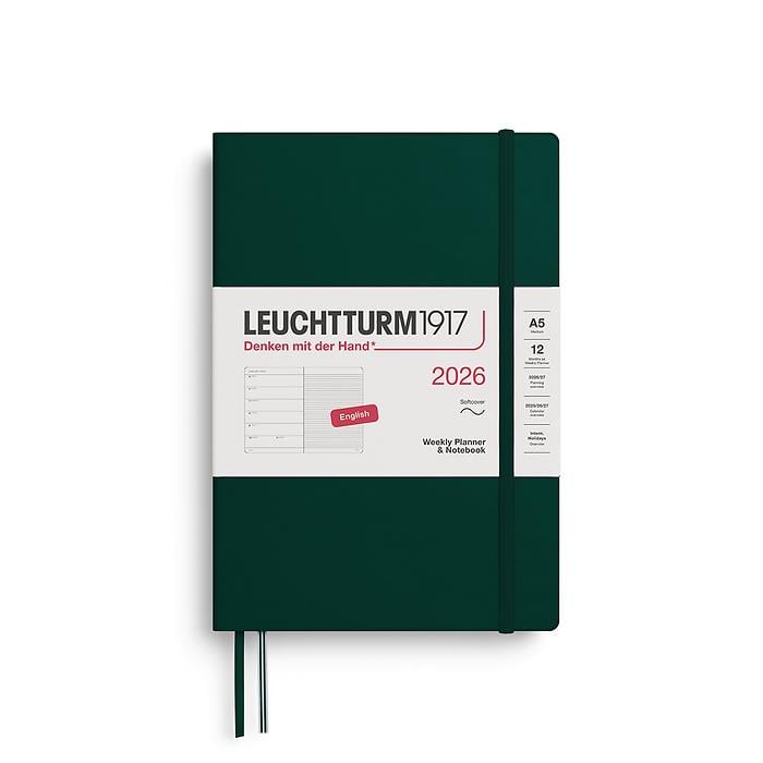Leuchtturm1917 Orta Boy (A5) 12 Aylık Ajanda ve Not Defteri (Çizgili) 2026 Yumuşak Kapak, İngilizce, Orman Yeşili 372679