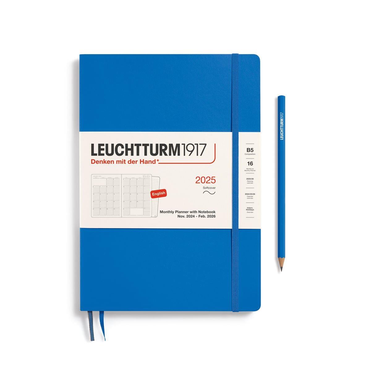 Leuchtturm1917 2025 Aylık Planlayıcı ve Not Defteri, Yumuşak Kapak, 16 Aylık, Tablet Boy (B5), İngilizce, Sky 370711