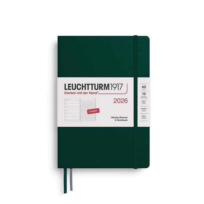 Leuchtturm1917 Orta Boy (A5) 12 Aylık Ajanda ve Not Defteri (Çizgili) 2026 Sert Kapak, İngilizce, Orman Yeşili 372658