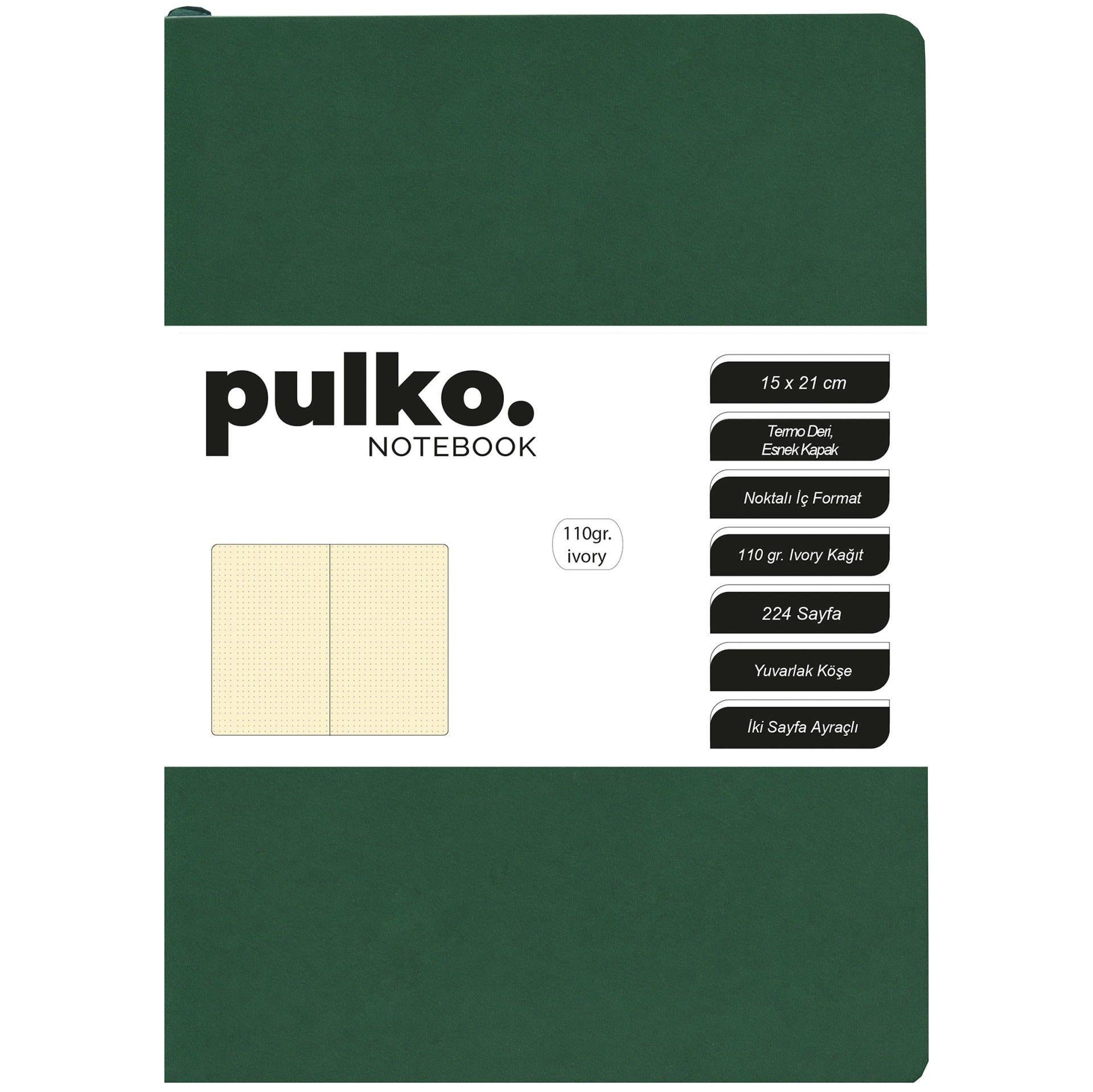 Pulko Defter 110gr Ivory Kağıt, A5, Termo Deri, 224 Sayfa, Noktalı, 044, Orman Yeşili