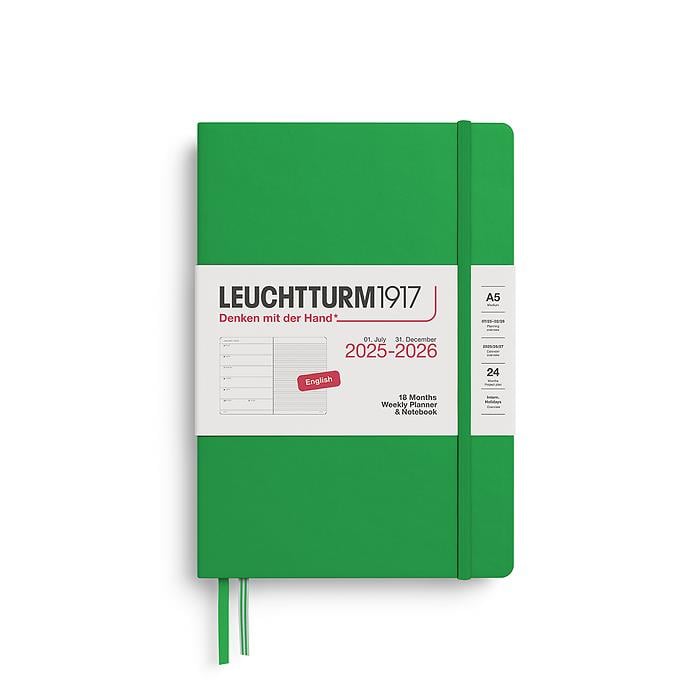 Leuchtturm1917 Orta Boy (A5) 18 Aylık Ajanda ve Not Defteri (Çizgili) 2026 Sert Kapak, İngilizce, Bahar Yaprağı 372799