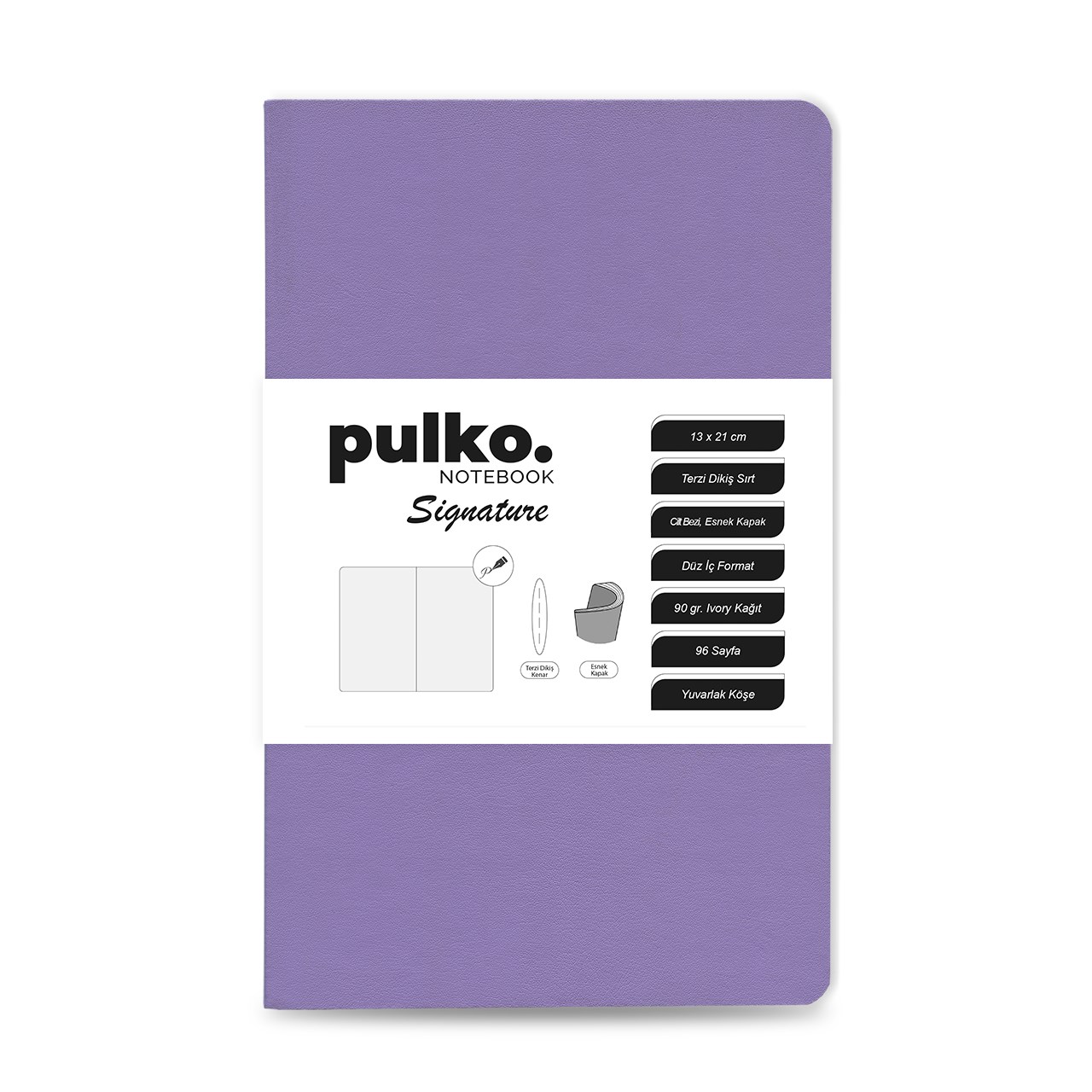 PULKO Notebook Signature Not Defteri, (13x21cm), Terzi Dikiş, 96 Sayfa, 90gr. Ivory, Düz, 0750, Lilac