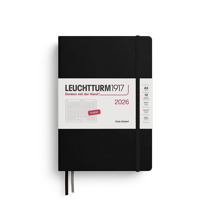 Leuchtturm1917 Orta Boy (A5) 12 Aylık Günlük Ajanda (Noktalı) 2026 Sert Kapak, İngilizce, Siyah 372780