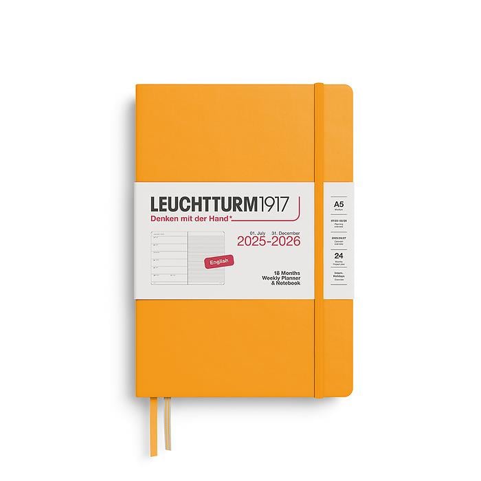 Leuchtturm1917 Orta Boy (A5) 18 Aylık Ajanda ve Not Defteri (Çizgili) 2026 Sert Kapak, İngilizce, Gündoğumu Sarı 372798