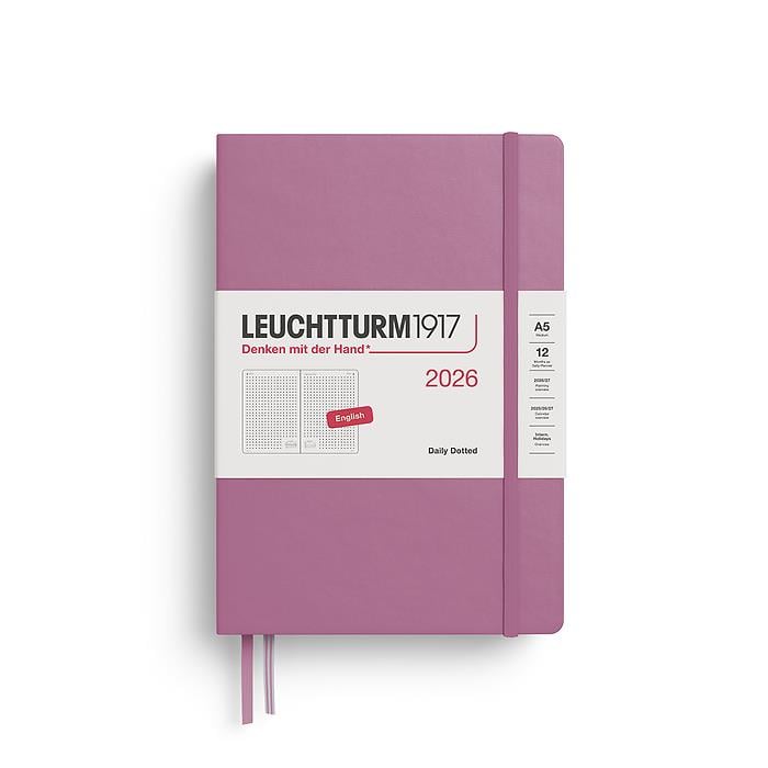 Leuchtturm1917 Orta Boy (A5) 12 Aylık Günlük Ajanda (Noktalı) 2026 Sert Kapak, İngilizce, Tozlu Gül 372781