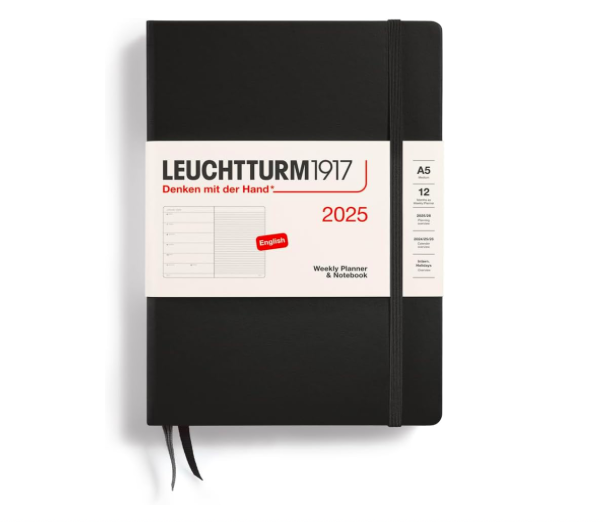 Leuchtturm1917 2025 Haftalık Planlayıcı ve Not Defteri, Orta Boy (A5), 144 Sayfa, İngilizce, Çizgili, Black 370732