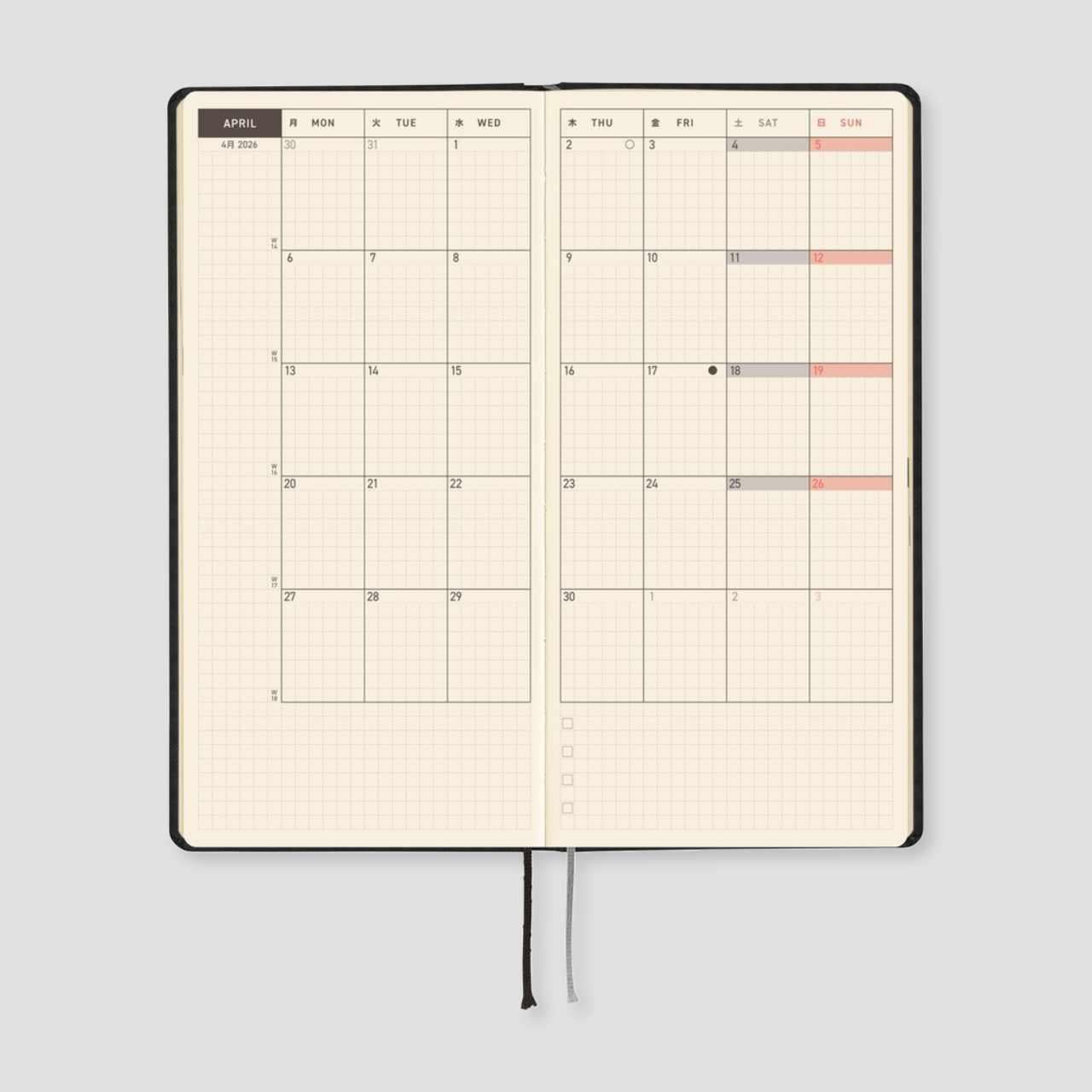 Hobonichi Ajanda Techo Weeks - English - Paper Series: Black Gingham - 2026 Jan Start