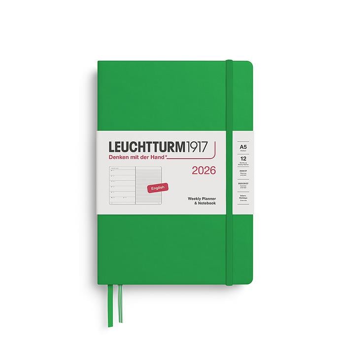 Leuchtturm1917 Orta Boy (A5) 12 Aylık Ajanda ve Not Defteri (Çizgili) 2026 Sert Kapak, İngilizce, Bahar Yaprağı 372657
