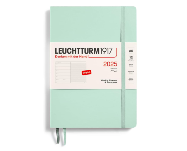 Leuchtturm1917 2025 Haftalık Planlayıcı ve Not Defteri, Yumuşak Kapak, Orta Boy (A5), 144 Sayfa, İngilizce, Çizgili, Mint 370755