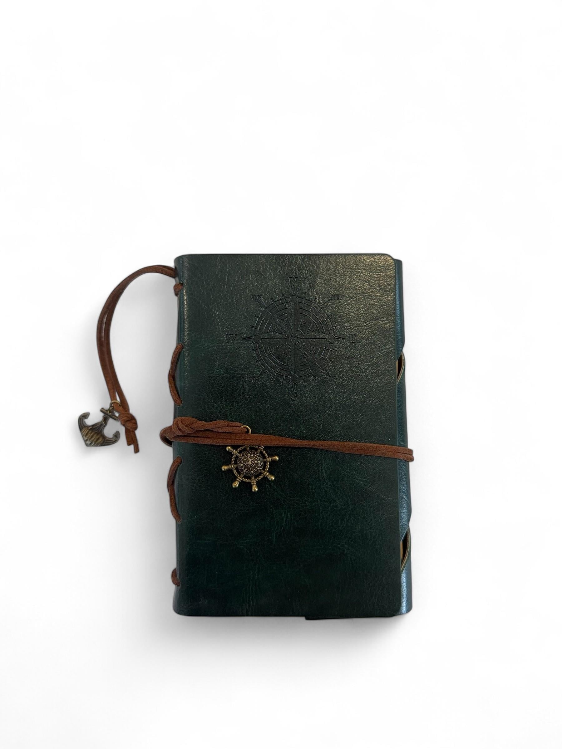 Nova Crafts Pusula Desenli Mini Deri  Defter Koyu Yeşil