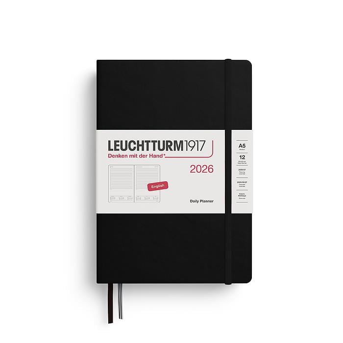 Leuchtturm1917 Orta Boy (A5) 12 Aylık Günlük Ajanda (Çizgili) 2026 Sert Kapak, İngilizce, Siyah 372772