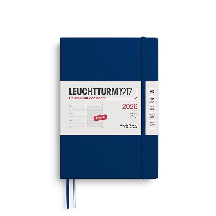 Leuchtturm1917 Orta Boy (A5) 12 Aylık Ajanda ve Not Defteri (Çizgili) 2026 Yumuşak Kapak, İngilizce, Lacivert 372682