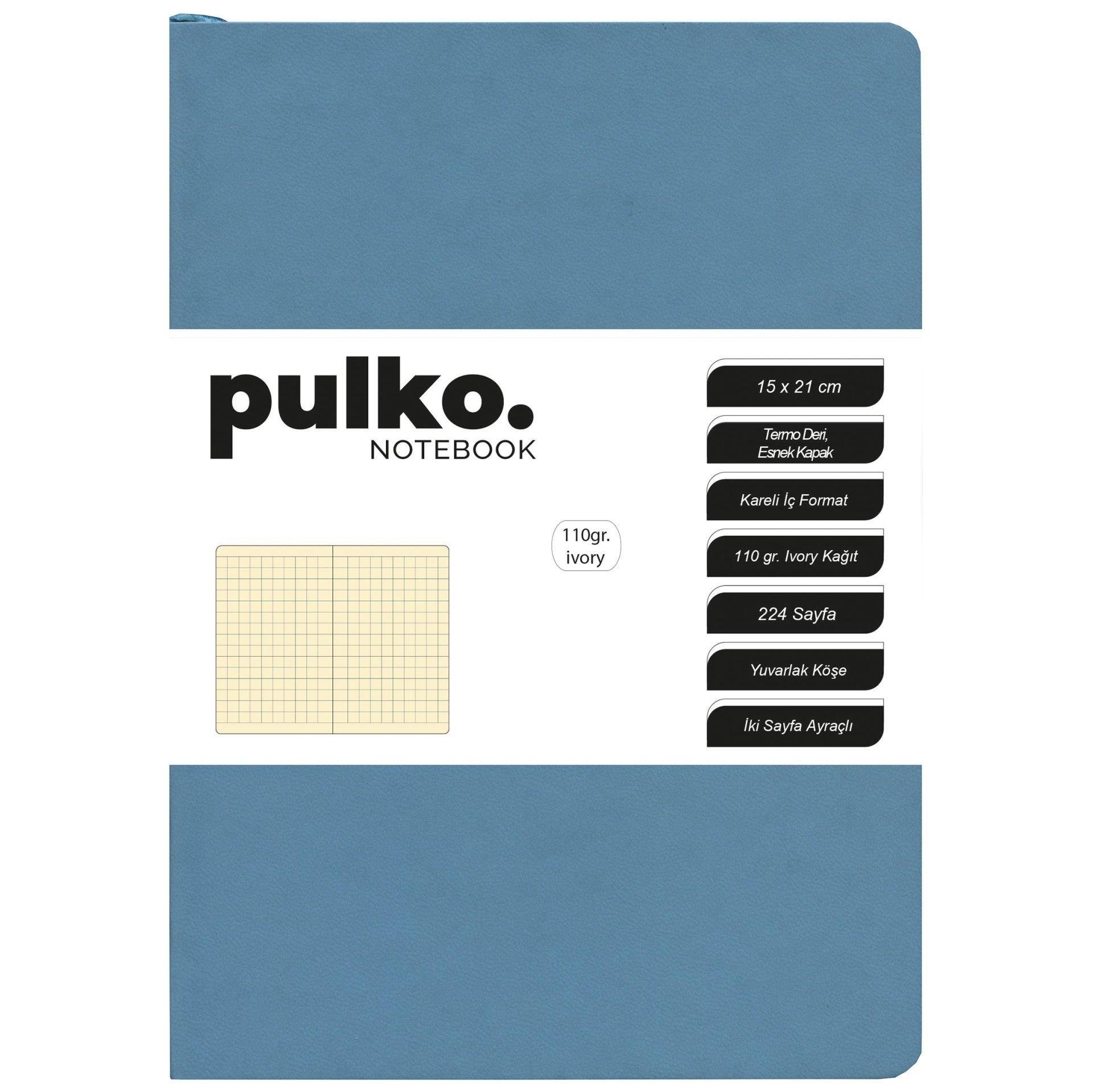 Pulko Defter 110gr Ivory Kağıt, A5, Termo Deri, 224 Sayfa, Kareli, 047, Turkuaz