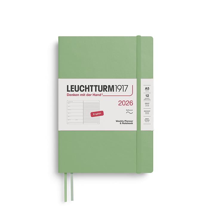 Leuchtturm1917 Orta Boy (A5) 12 Aylık Ajanda ve Not Defteri (Çizgili) 2026 Yumuşak Kapak, İngilizce, Adaçayı 372677