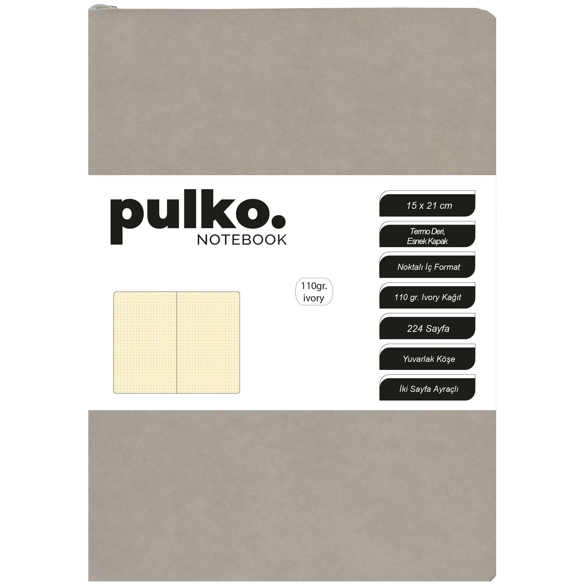 Pulko Defter 110gr Ivory Kağıt, A5, Termo Deri, 224 Sayfa, Noktalı, Boz Gri