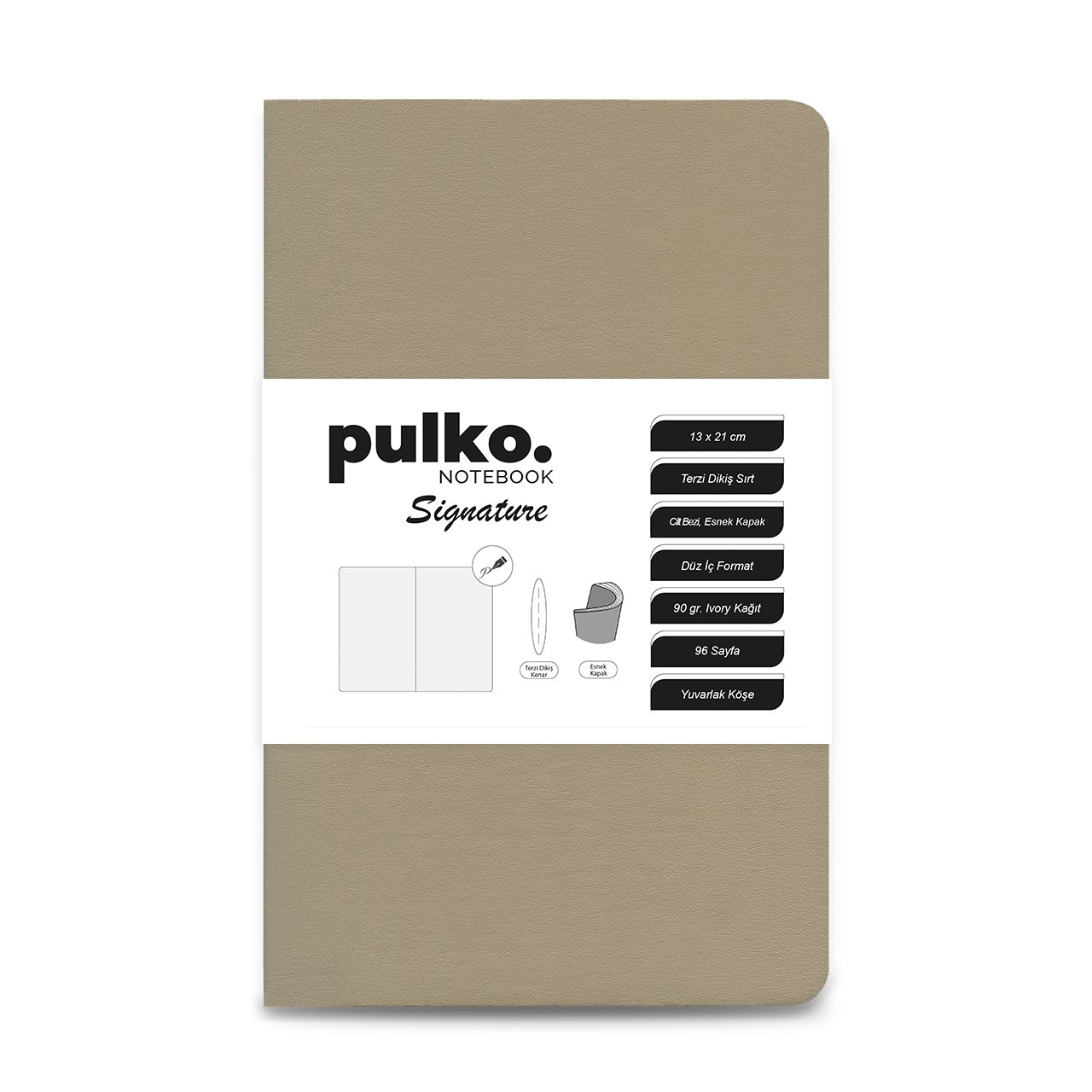 PULKO Notebook Signature Not Defteri, (13x21cm), Terzi Dikiş, 96 Sayfa, 90gr. Ivory, Düz, 0750, Beige