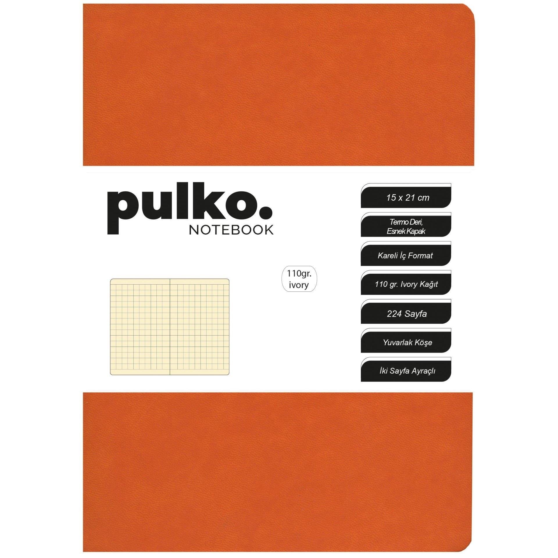 Pulko Defter 110gr Ivory Kağıt, A5, Termo Deri, 224 Sayfa, Kareli, 047, Turuncu