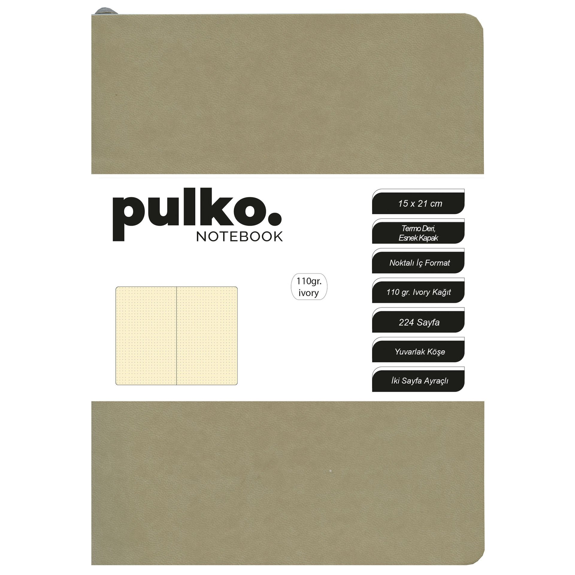 Pulko Defter 110gr Ivory Kağıt, A5, Termo Deri, 224 Sayfa, Noktalı, Bej
