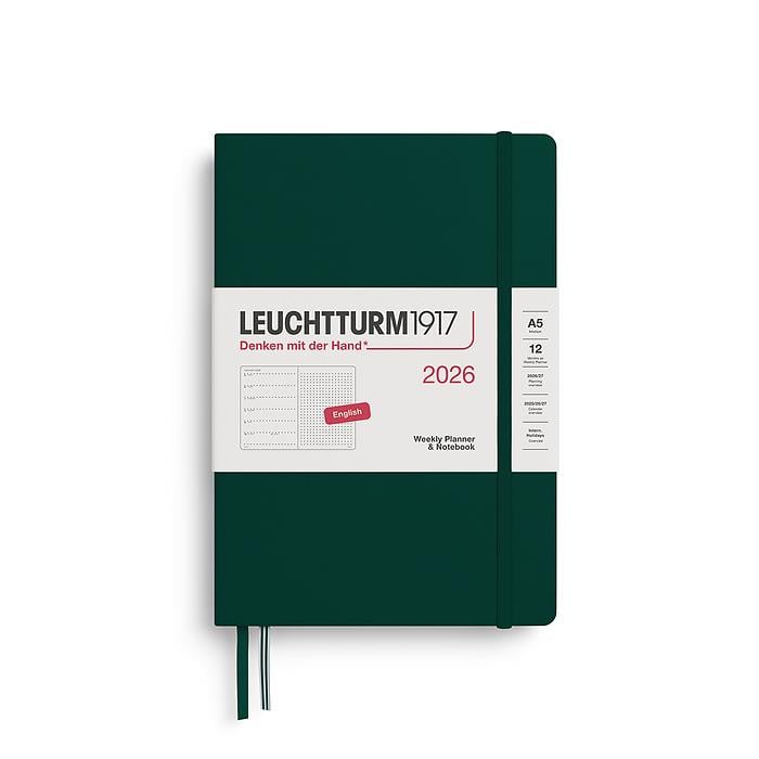 Leuchtturm1917 Orta Boy (A5) 12 Aylık Ajanda ve Not Defteri (Noktalı) 2026 Sert Kapak, İngilizce, Orman Yeşili 372704