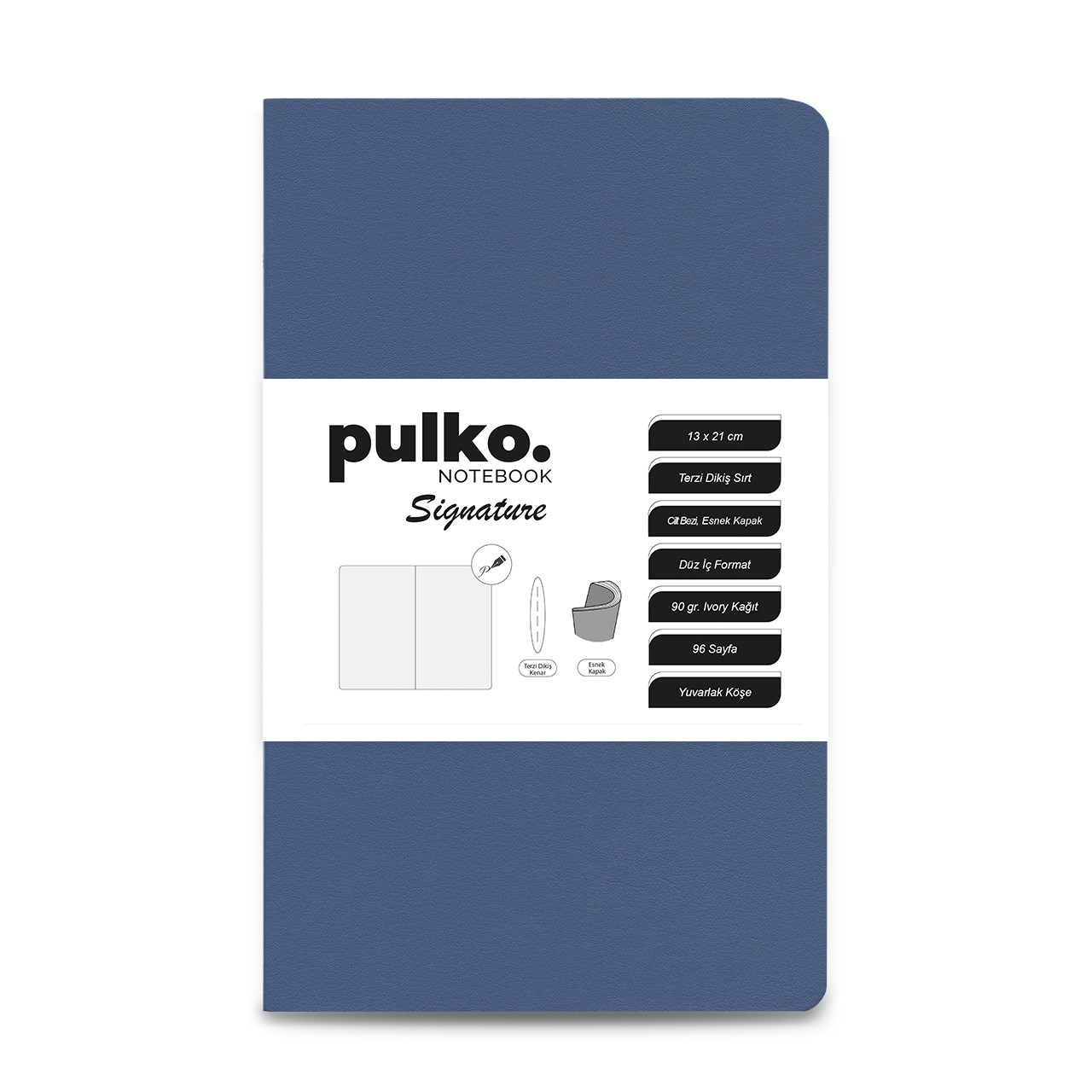 PULKO Notebook Signature Not Defteri, (13x21cm), Terzi Dikiş, 96 Sayfa, 90gr. Ivory, Düz, 0750, Denim Blue
