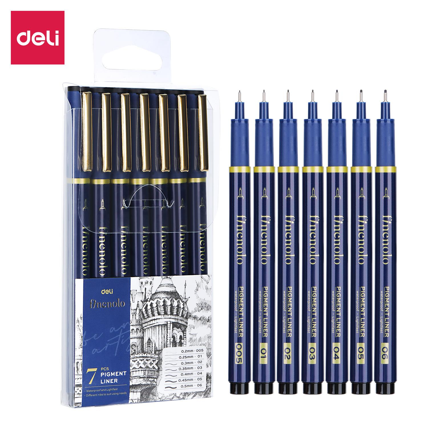 Deli Finenolo EQ909 Pigment Liner 7'li Kalem Seti Siyah Mürekkep 
