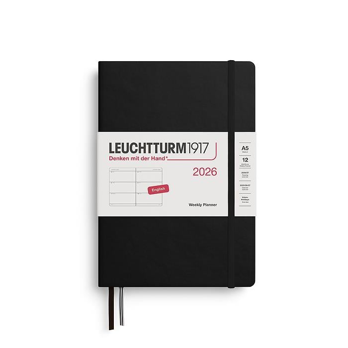 Leuchtturm1917 Orta Boy (A5) 12 Aylık Haftalık Ajanda 2026 Sert Kapak, İngilizce, Siyah 372706