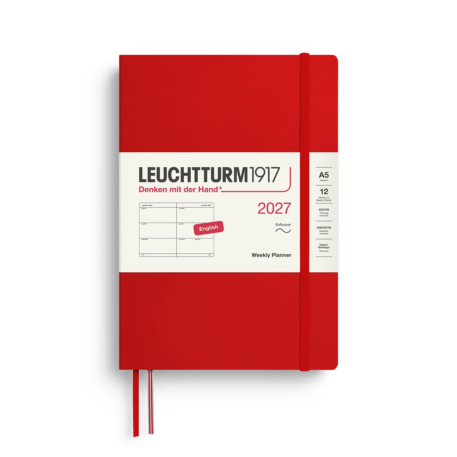 Leuchtturm1917 Planner 2027 - 12M Haftalık Planner Medium A5 2027 Yumuşak Kapaklı İngilizce Cherry 400295