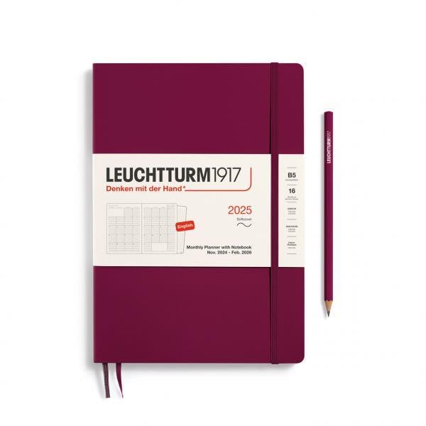 Leuchtturm1917 2025 Aylık Planlayıcı ve Not Defteri, Yumuşak Kapak, 16 Aylık, Tablet Boy (B5), İngilizce, Port Red 370708