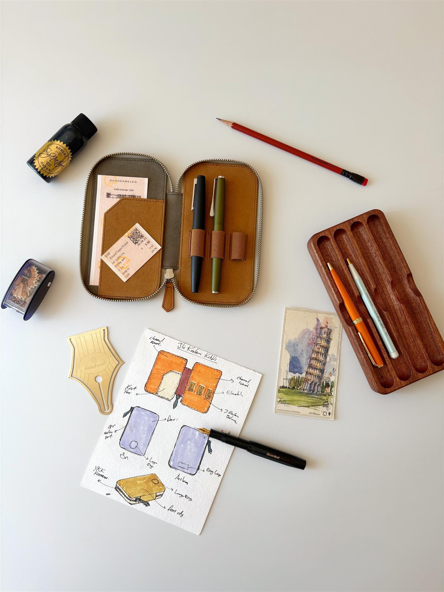 Eng Leather  Deri Koleksiyonu 3'lü Kalem Çantası Olive Tan