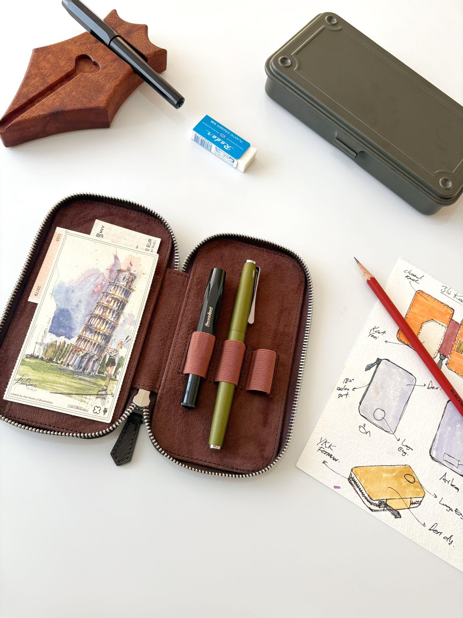 Eng Leather Saffiano Deri Koleksiyonu 3'lü Kalem Çantası Rosewood