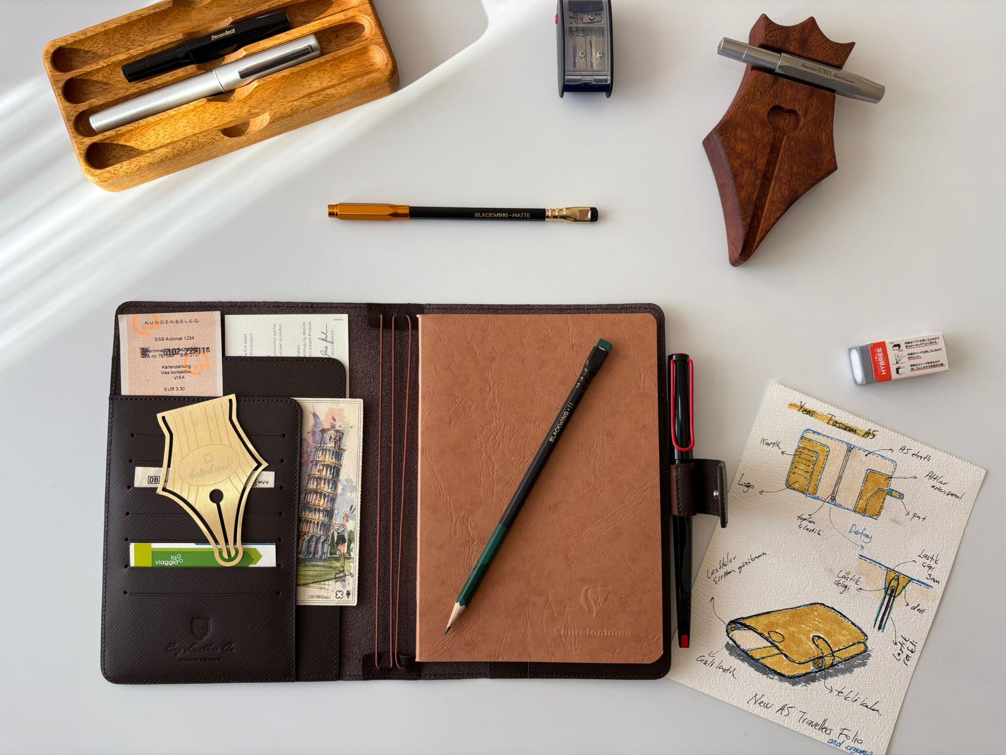 Eng Leather Saffiano Deri Koleksiyonu  A5 Defter & Kalem Çantası Rosewood