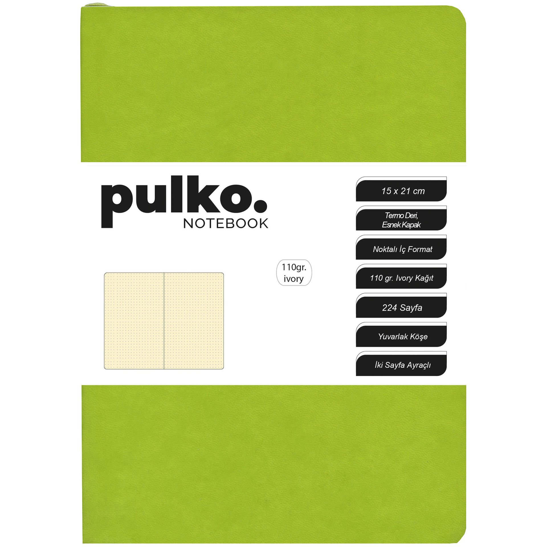 Pulko Defter 110gr Ivory Kağıt, A5, Termo Deri, 224 Sayfa, Noktalı,, Misket Yeşili