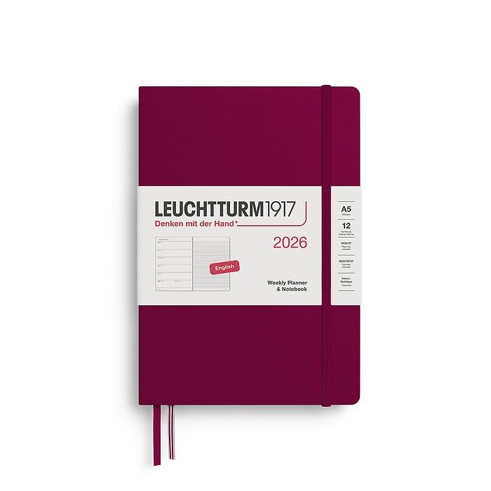 Leuchtturm1917 Orta Boy (A5) 12 Aylık Ajanda ve Not Defteri (Çizgili) 2026 Sert Kapak, İngilizce, Liman Kırmızısı 372653