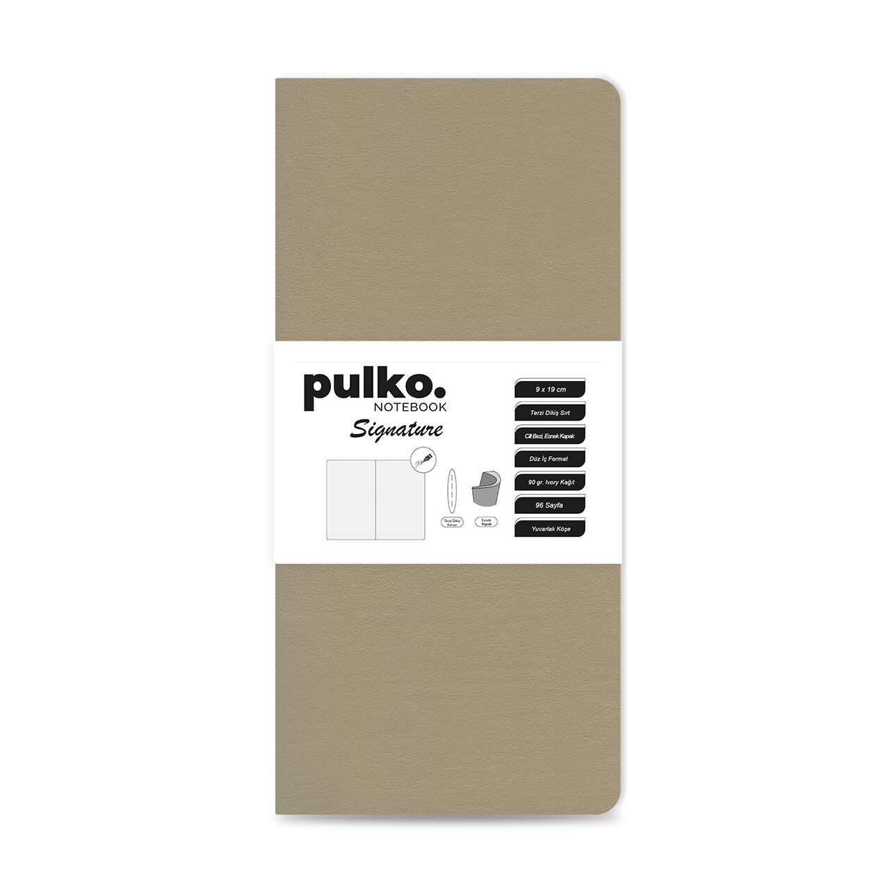 PULKO Notebook Signature Not Defteri, (9x19cm), Terzi Dikiş, 96 Sayfa, 90gr. Ivory, Düz, 0750, Beige