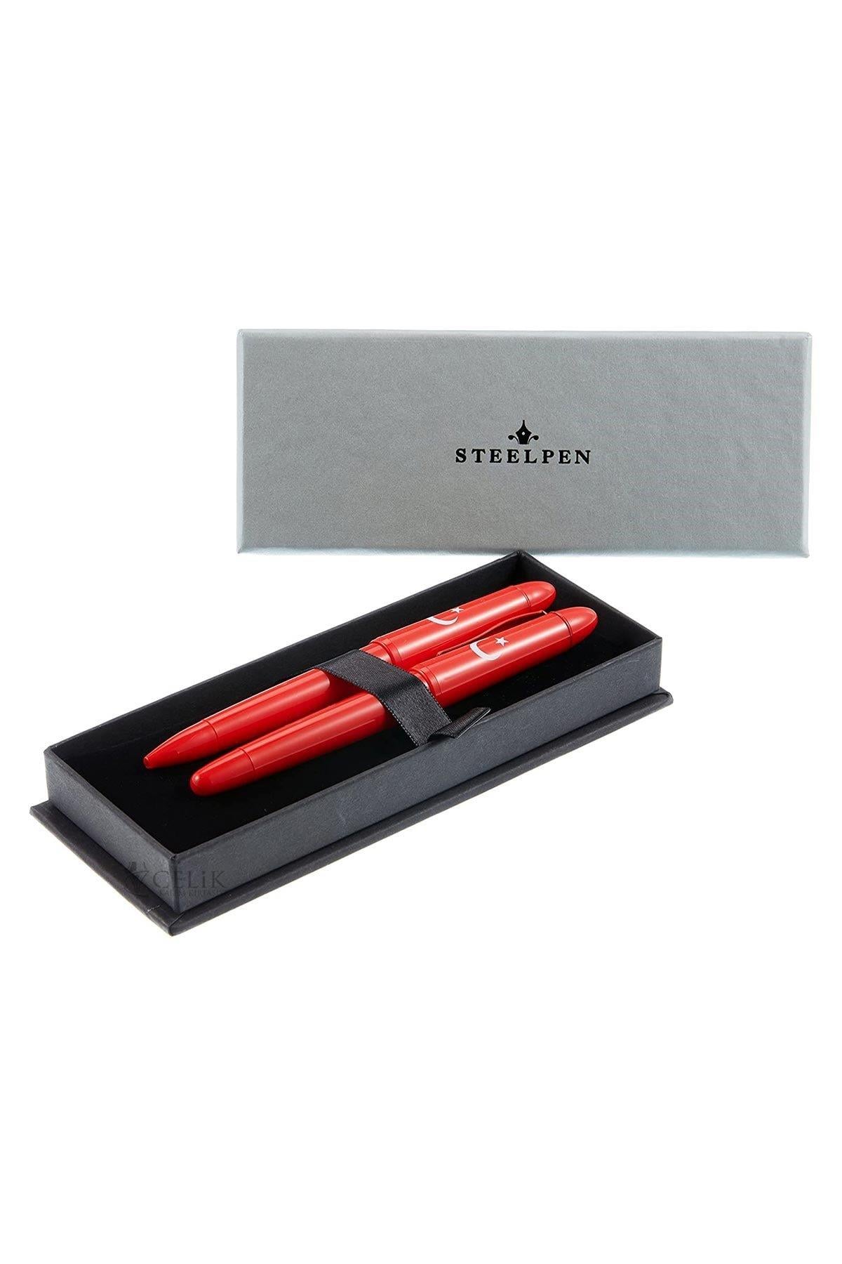 Steelpen Pearl Serisi 4500 Kırmızı Bayrak Dolma Kalem + Tükenmez Kalem Seti