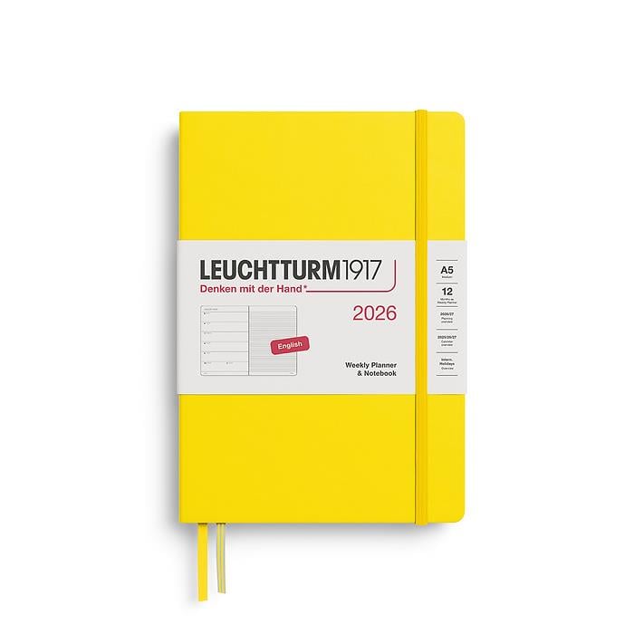 Leuchtturm1917 Orta Boy (A5) 12 Aylık Ajanda ve Not Defteri (Çizgili) 2026 Sert Kapak, İngilizce, Limon Sarı 372655