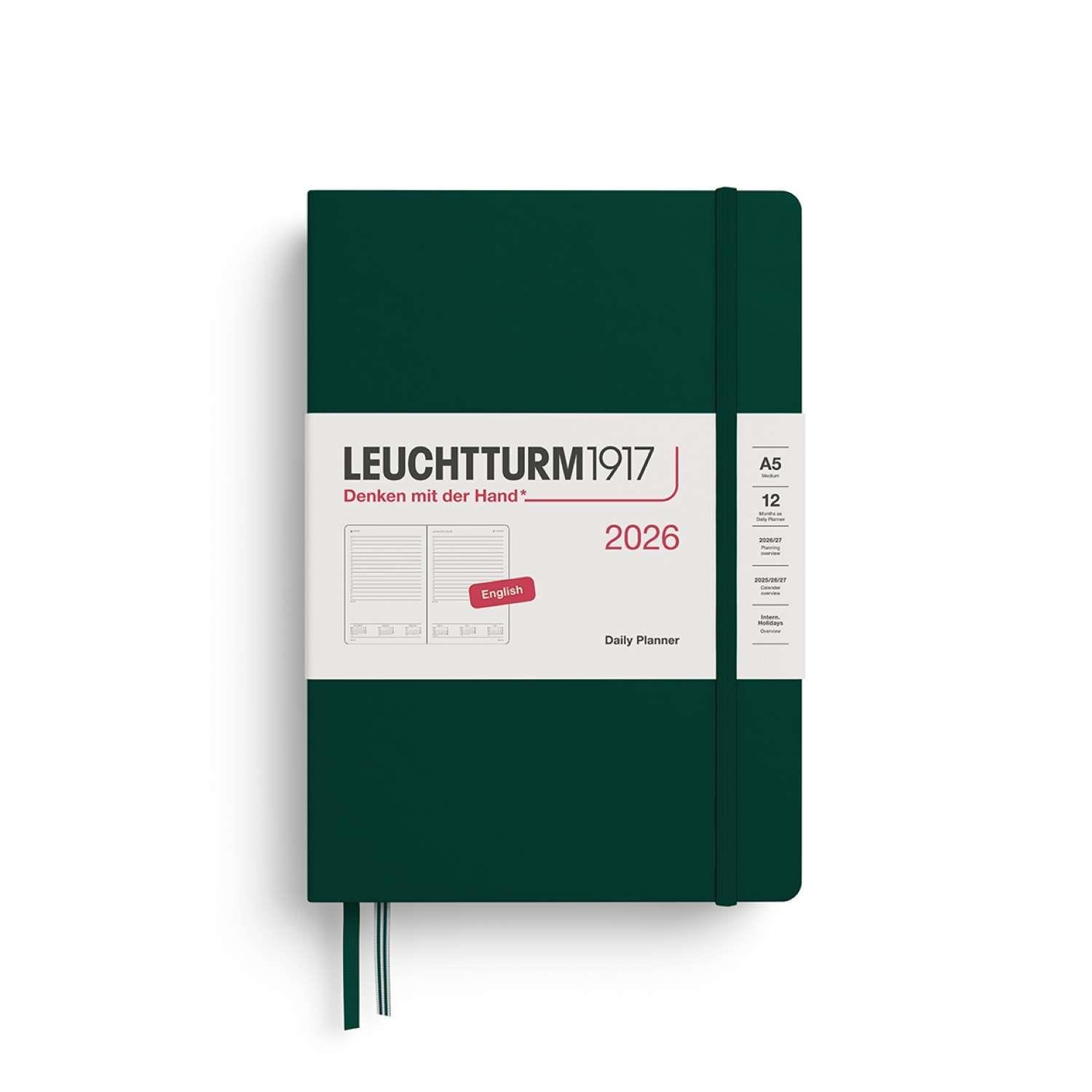Leuchtturm1917 Orta Boy (A5) 12 Aylık Günlük Ajanda (Çizgili) 2026 Sert Kapak, İngilizce, Forest Green 372776