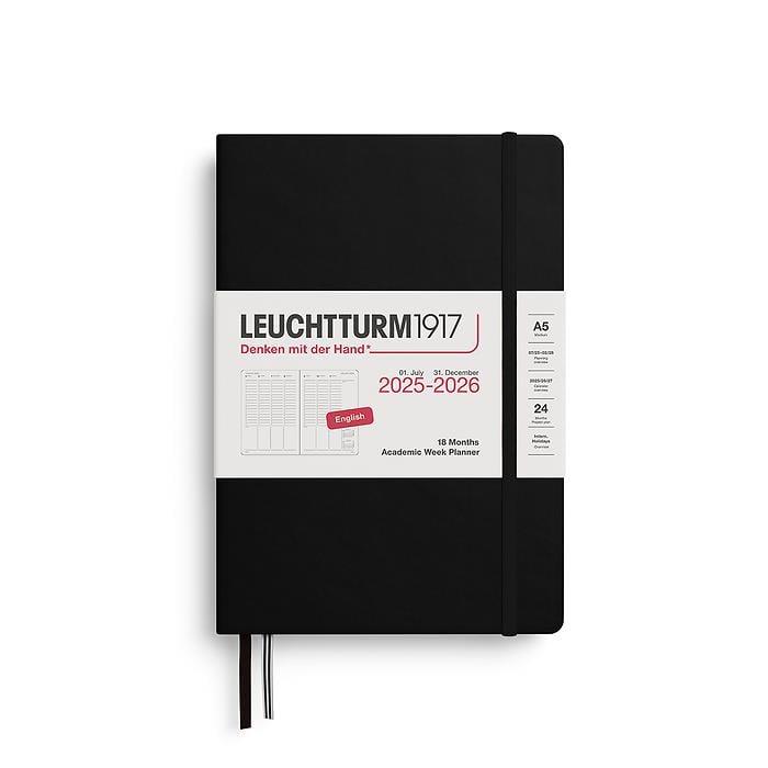 Leuchtturm1917 Orta Boy (A5) Akademik 18 Aylık Hafta Ajandası 2026 Sert Kapak, İngilizce, Siyah 372815