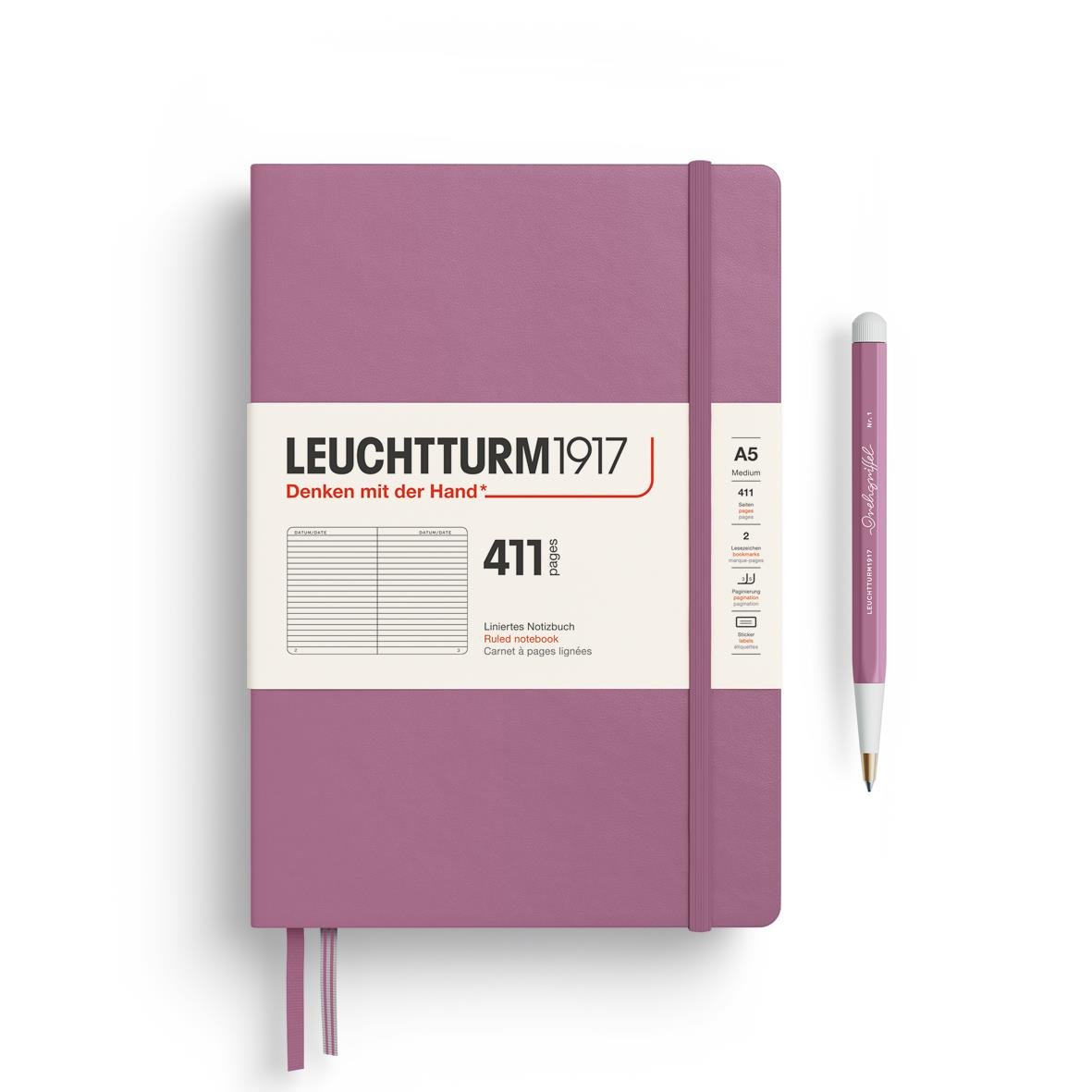 Leuchtturm1917 Not Defteri Orta Boy (A5), Sert Kapak, 411 Numaralandırılmış Sayfa, Çizgili, Dusty Rose 372923