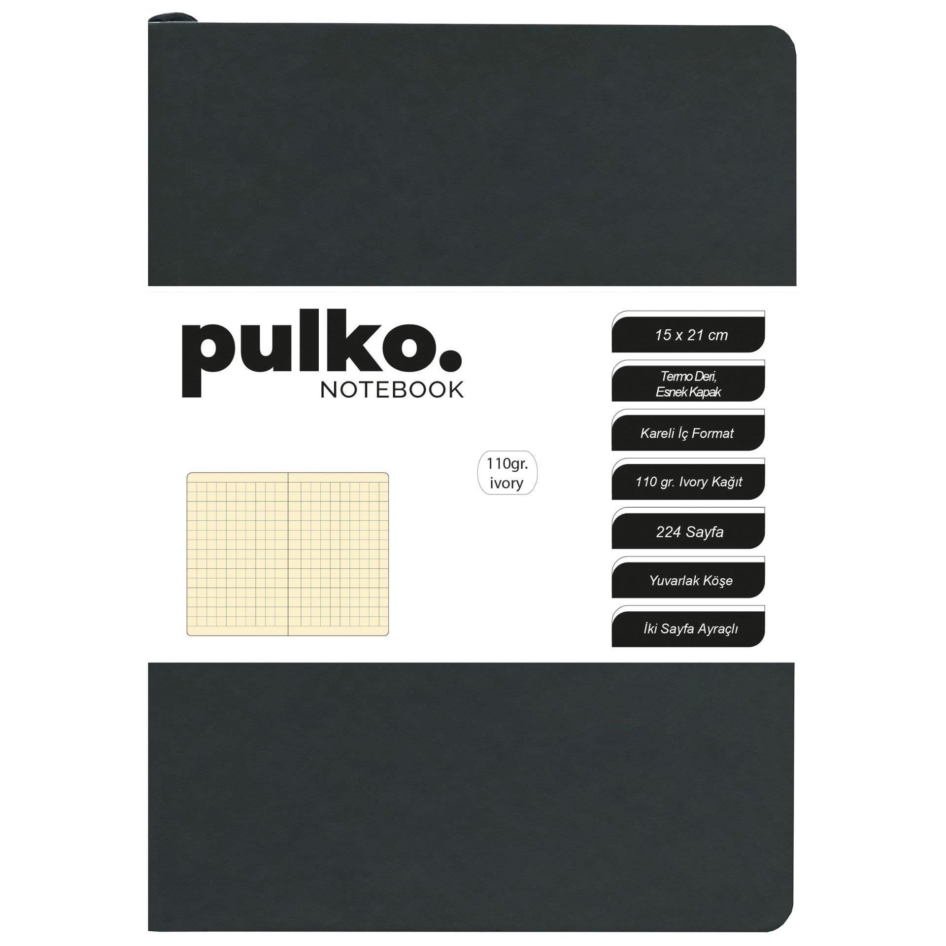 Pulko Defter 110gr Ivory Kağıt, A5, Termo Deri, 224 Sayfa, Kareli, 047, Siyah